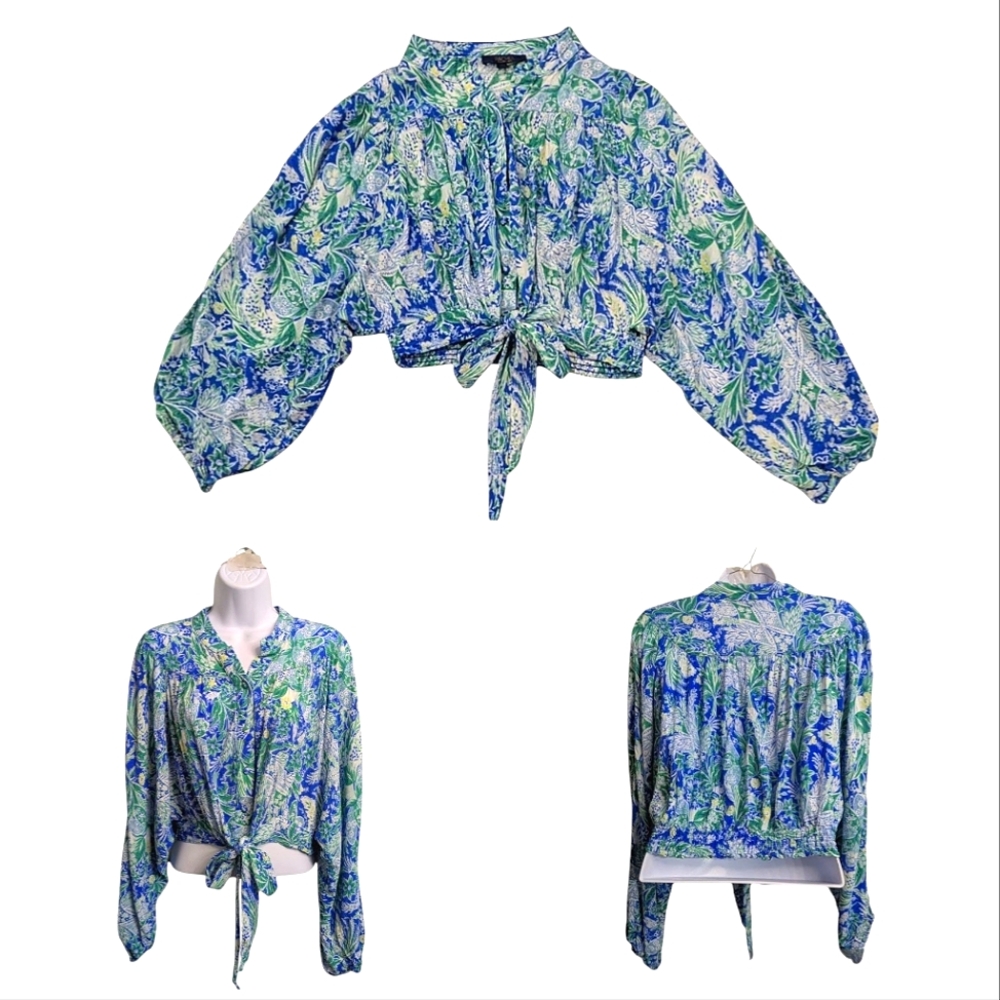 Rachel Roy Blue Green Floral Button Crop Top Balloon Long Sleeve Tie Knot L